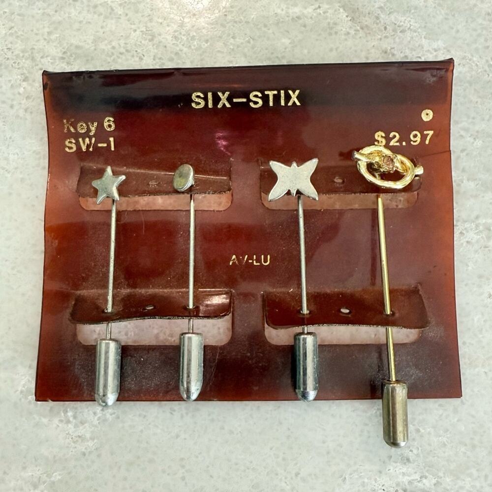 Vintage 1970s Six-Stix Stick Pins Set NOS Deadstock Star Oval Butterfly Knot